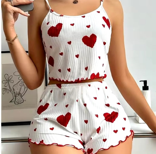 Conjunto de pijamas para mujer Ropa de dormir 2 piezas Camisetas sin mangas cortas y pantalones cortos S M L Blanco Ventilar Suave Casual Impresión de amor